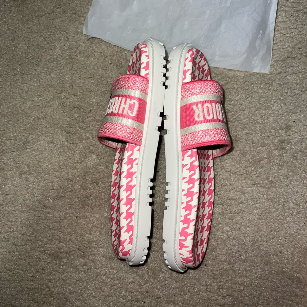DIOR Bright Pink Toile de Jouy Embroidered Cotton DWAY SLIDE - Picture 2 of 7